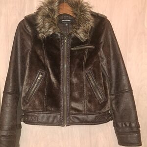 CoffeeShop Dark Brown Faux Leather Jacket with Faux Fur Collar